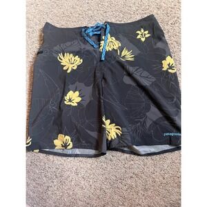 Patagonia Mens Board Shorts Size 34 Gray Yellow Floral Swim Trunks Surf Shorts